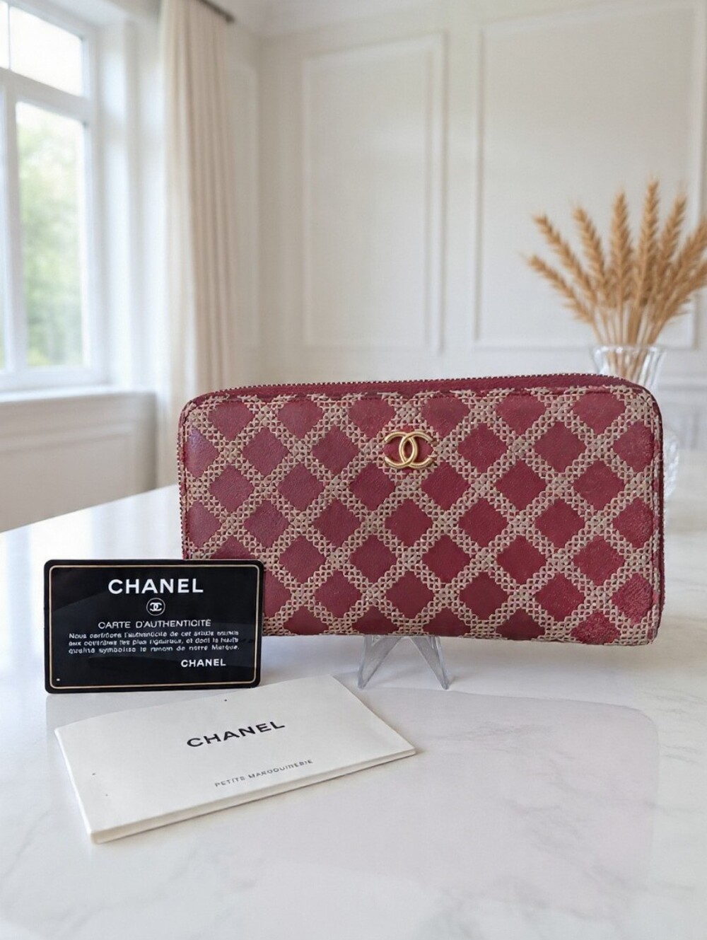 Rare Chanel Burgundy Lambskin Zip Around Wallet Contrast Stitching 21 Serie 🍁✨️